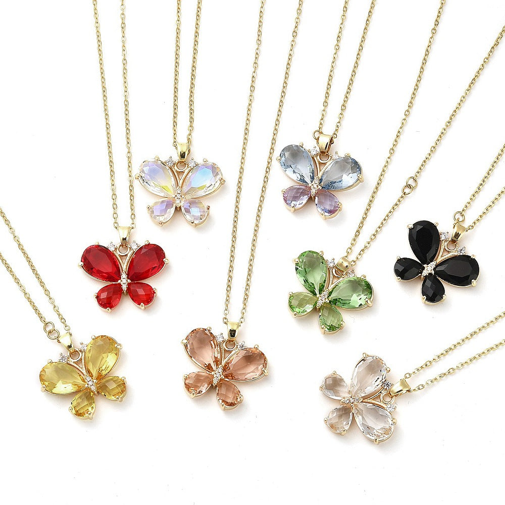Butterfly Necklace - Gold Plated with Zirconia- Colors Variety