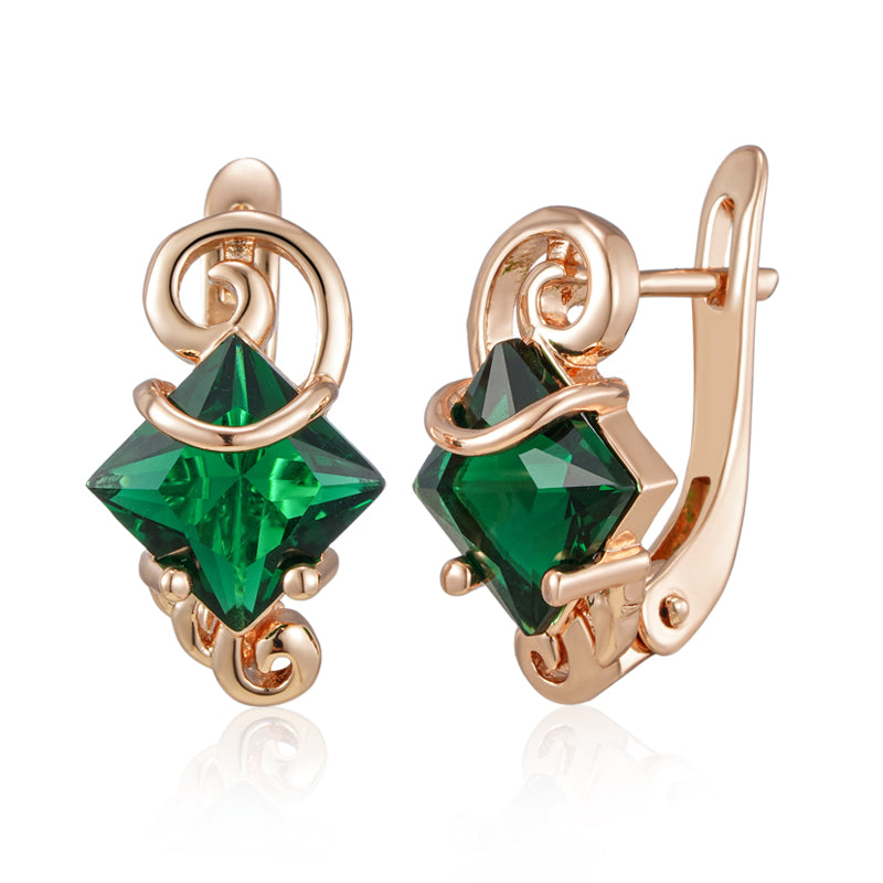 Square Shaped Earrings - 585 Rose Gold with Green Zirconia