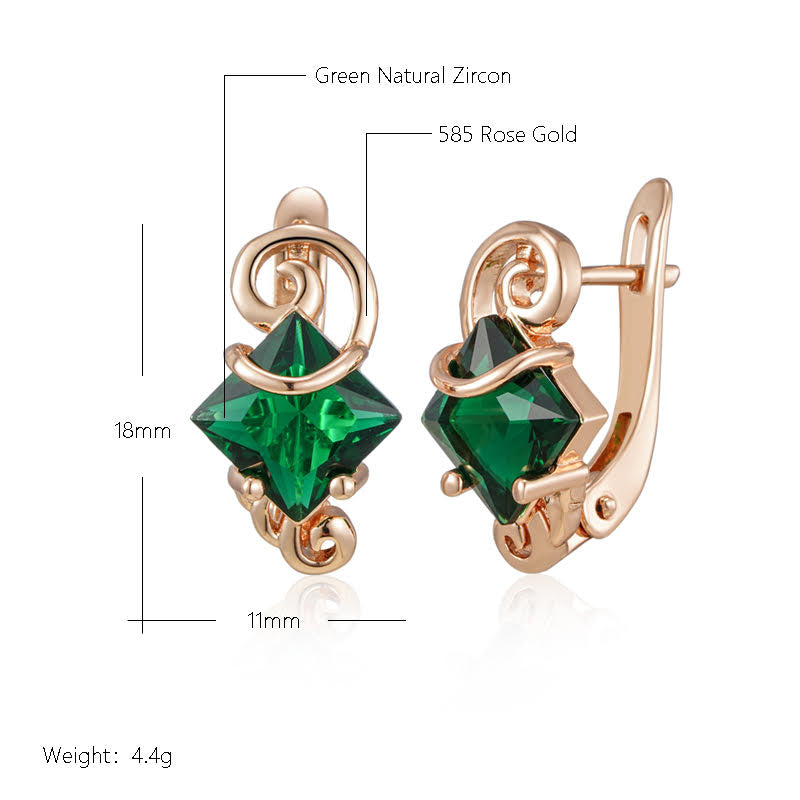 Square Shaped Earrings - 585 Rose Gold with Green Zirconia