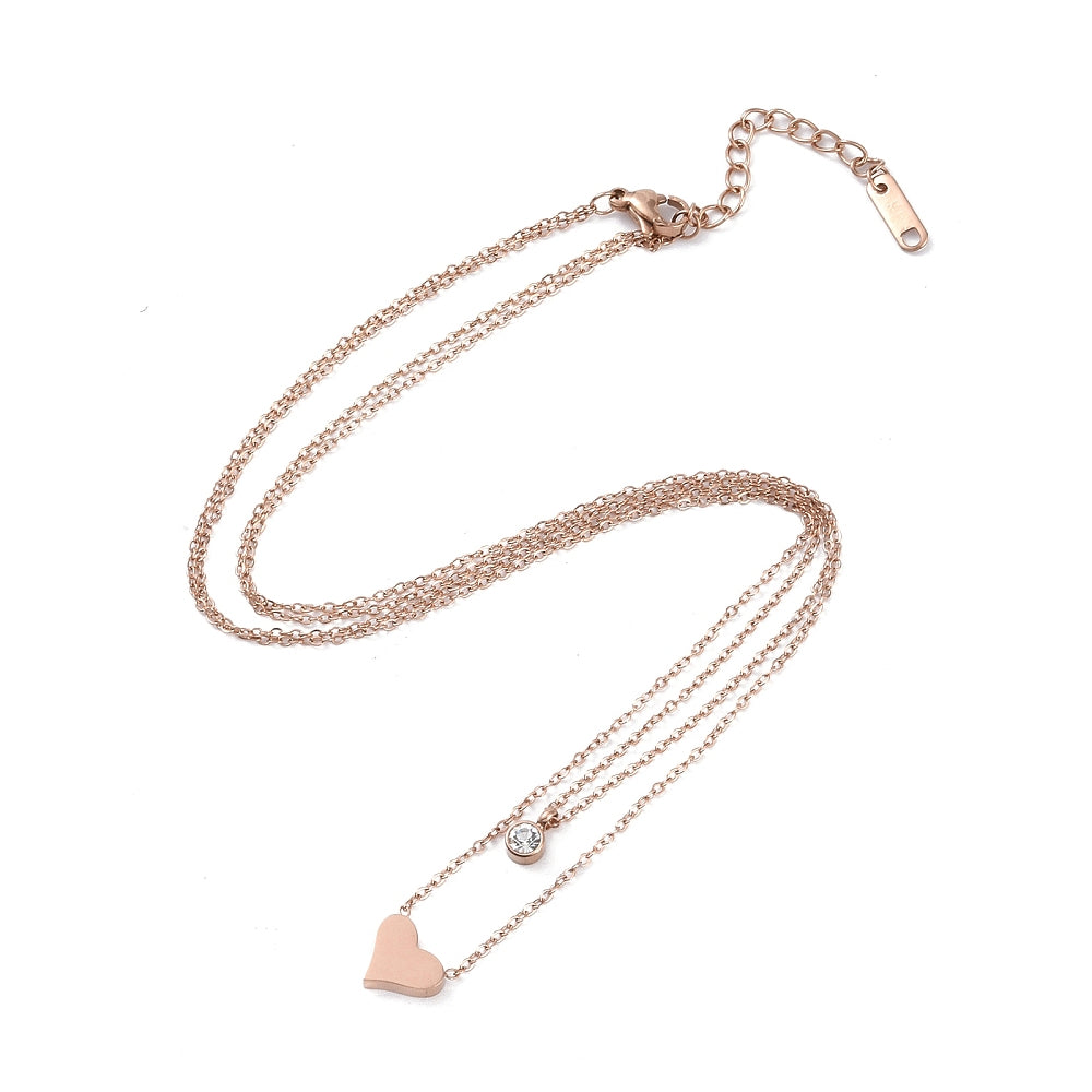 Heart Shape Necklace - Stainless Steel with Round Rhinestone Pendant