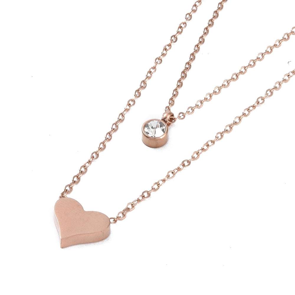 Heart Shape Necklace - Stainless Steel with Round Rhinestone Pendant